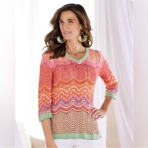Soft Surroundings Rosita  Crochet Sweater 3/4 Sleeve Cotton Modal  Size L